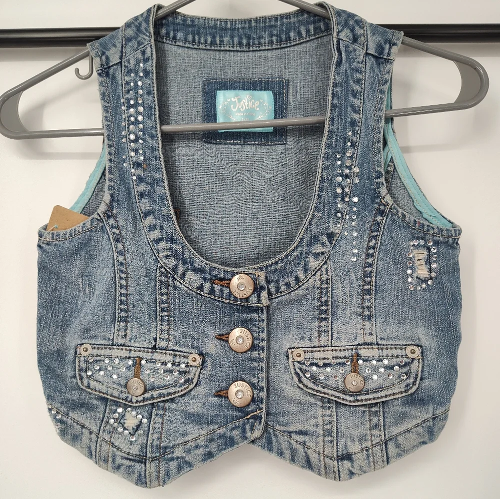 Justice Blue Denim Vest with Rhinestone Accents Girls Size Small, 10